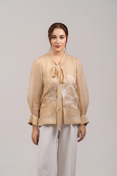 Buy Beige Sheer Organza Shirt | Knot Bow Neckline – Mirane Atelier
